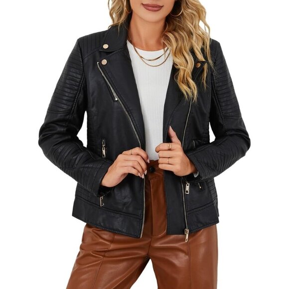 Women Black Faux Leather Casual Jacket Moto Biker Short Coat - Picture 1 of 9